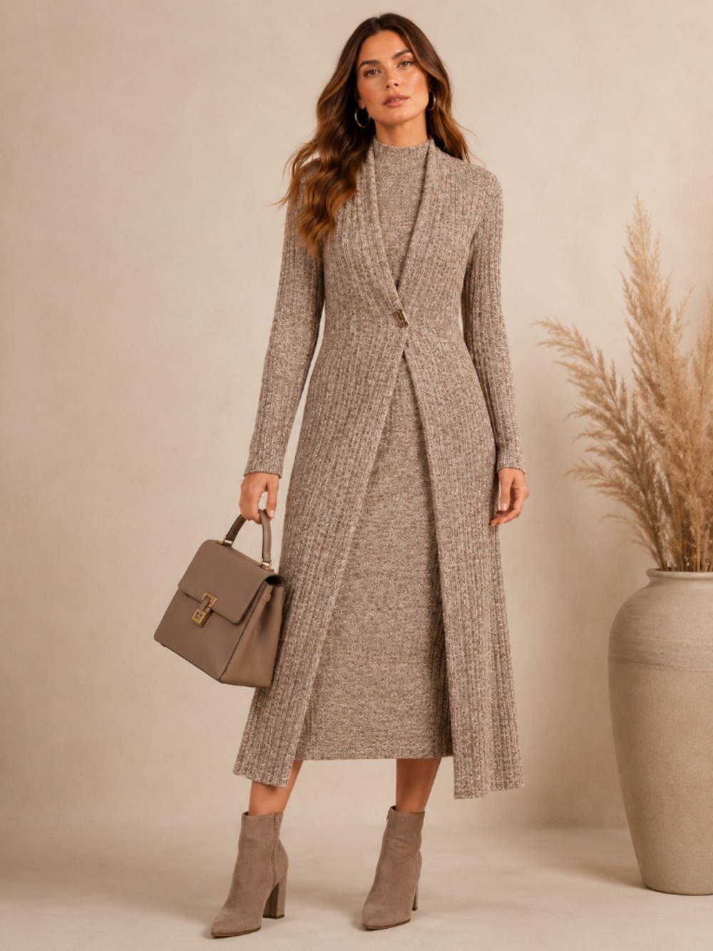 Guillaume - 2 pc Knit Mock Neck Dress + Matching Duster Set - SzM